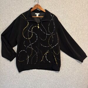 Vintage 80s Mureli Womens XL Black Jacket Embroidered Zip Up Sparkly Gold Silver